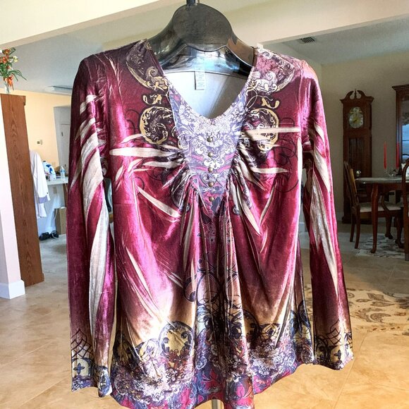 NWOT Style & Co Burgundy/Gold Poly Velveteen Print Top size Medium - 49.00 - Picture 3 of 6